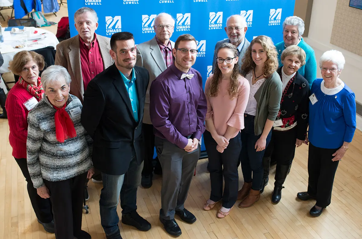 The 2017 Learning in Retirement Association Community Engagement Scholarship recipients and the scholarship committee. Front row left to right: Dotty (Dorothy) Morris, Clinton Strong (student), Dylan Lambert (student), Anna Barbeau (student), Alexandra Adler (student), Barbara Murch and Simone Allard. Back row left to right: Dee (Deanne) Sferrino, John Mamalis, Alan McKersie, Alan Kent and Janet Redman.