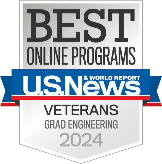 U.S. News & World Report badge for best online graduate engineering program for veterans.