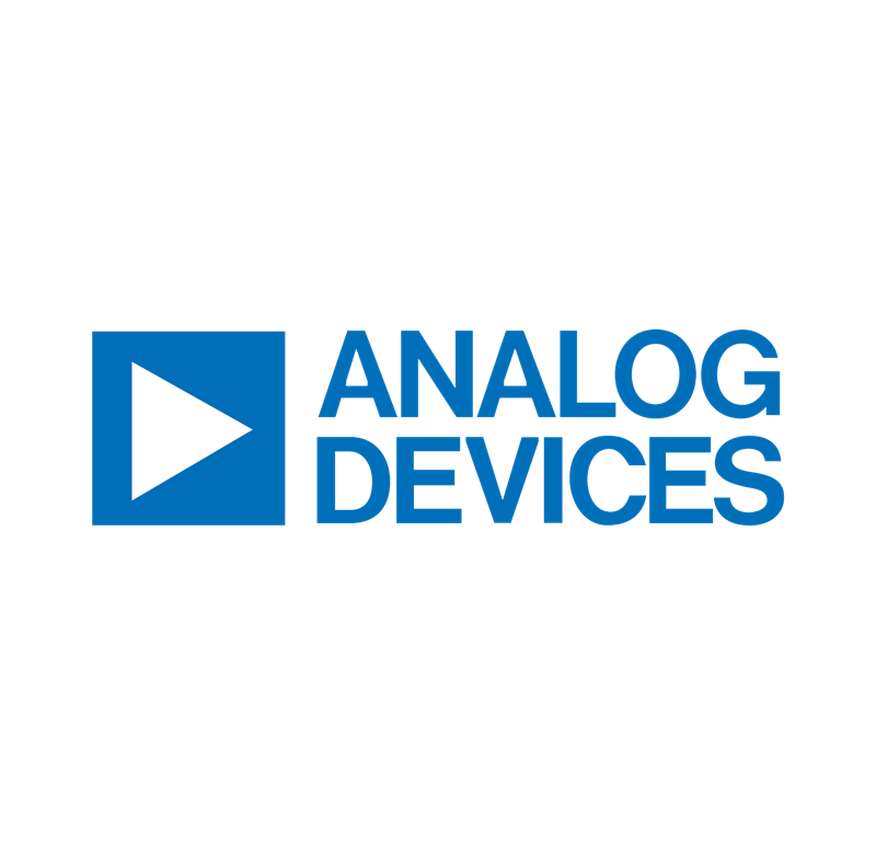 White triangle in blue box creating the symbol for play next to Analog Devices