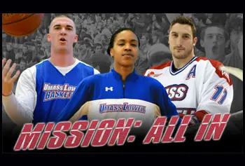 Posters featuring basketball players Matt Welch and Sha'nay Bushner with hockey player Matt Ferreira were featured on campus as part of the award-winning "Mission: All In" athletics marketing campaign. Image by Liron Asher
