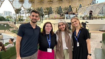 UMass Lowell students (left) William Lefebvre, Madison Feudo, Aya Oulal, and Victoria Wisniewski at the UN Climate Change Conference in Dubai.