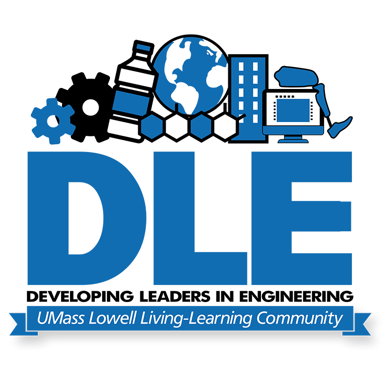 Developing Leaders in Engineering (DLE) LLC logo. The Developing Leaders in Engineering Living-Learning Community is engineered to provide students with a hands-on, real-world educational living and learning experience that focuses on taking an inside look into exploring career paths of aspiring engineers. Through participation in this LLC, students are afforded access to UMass Lowell Alumni and local businesses, as well as on-campus resources to help identify potential career pathways. 