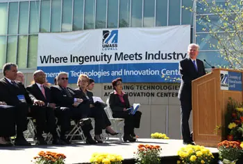 UMass Lowell opened its $80 million Emerging Technologies and Innovation Center on Thursday, Oct. 11, in a ceremony that included Gov. Deval Patrick, UMass Lowell Chancellor Marty Meehan, members of the Statehouse delegation, students, faculty, staff,&nbsp;alumni and industry leaders. Meghan Moore photo