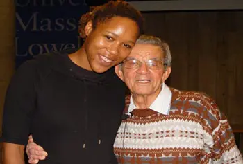 Student Nonaliti (Nali) Wa Ngugi, who grew up in South Africa, was glad to meet Eddie Daniels, South African freedom fighter who had been imprisoned with Nelson Mandela on Robben Island.