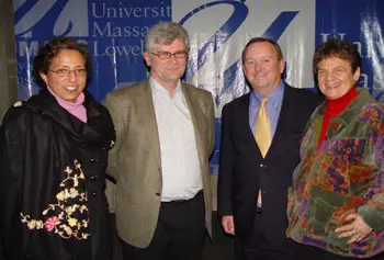 Linda Bishai, from the U.S. Institute of Peace, left, and&nbsp;Tony Gallagher, from Queen&rsquo;s University in Belfast, spoke at a forum hosted by Prof. Francis Talty of the Center for Irish Partnerships and Prof. Paula Rayman of the Peace and Conflict Studies Program, right.
