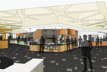 The dining facility in Fox Hall is undergoing a complete renovation and will open in September as University Dining Commons with seven cooking stations, a brick pizza oven and an after-hours space with fireplace, among other features.