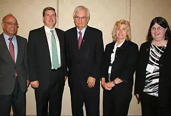 From left, Provost Ahmed Abdelal, Massachusetts Secretary of Housing and Economic Development Gregory Bialecki, UMass Vice President for Economic Development Thomas Chmura, Prof. Joey Mead and Prof. Carol Barry at this year&rsquo;s Destination Nano conference.