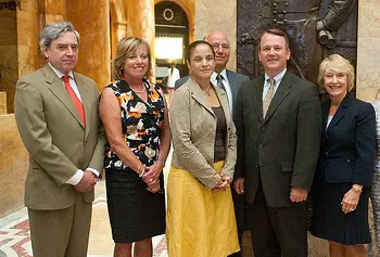 From left: Richard Freeland, Massachusetts commissioner of higher education; Pat Crombie, project director of the Massachusetts Action Coalition; Jessica Alvarez-Montano;&nbsp; David Cedrone, associate commissioner for Economic and Workforce Development;&nbsp;Lt. Gov. Murray; and Sharon Gale, chief executive officer of the Organization of Nurse Leaders of Massachusetts and Rhode Island.