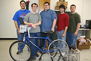 UMass Lowell&rsquo;s &ldquo;JouleCycle&rdquo; team members are, from left, computer engineering sophomore Andrew Hajj, CE senior John Foley, mechanical engineering senior Mike Wetmore, ME graduate student Michael McGinley and CE senior David Cote.