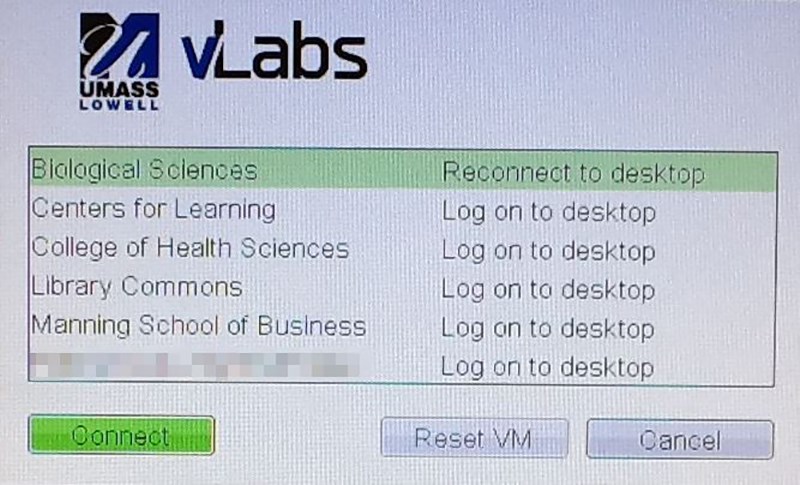 In order to reconnect to the session you disconnected from, select the lab you want to connect to and you will see Reconnect to Desktop instead of Log on to Desktop in the list of your labs that your account is entitled to 