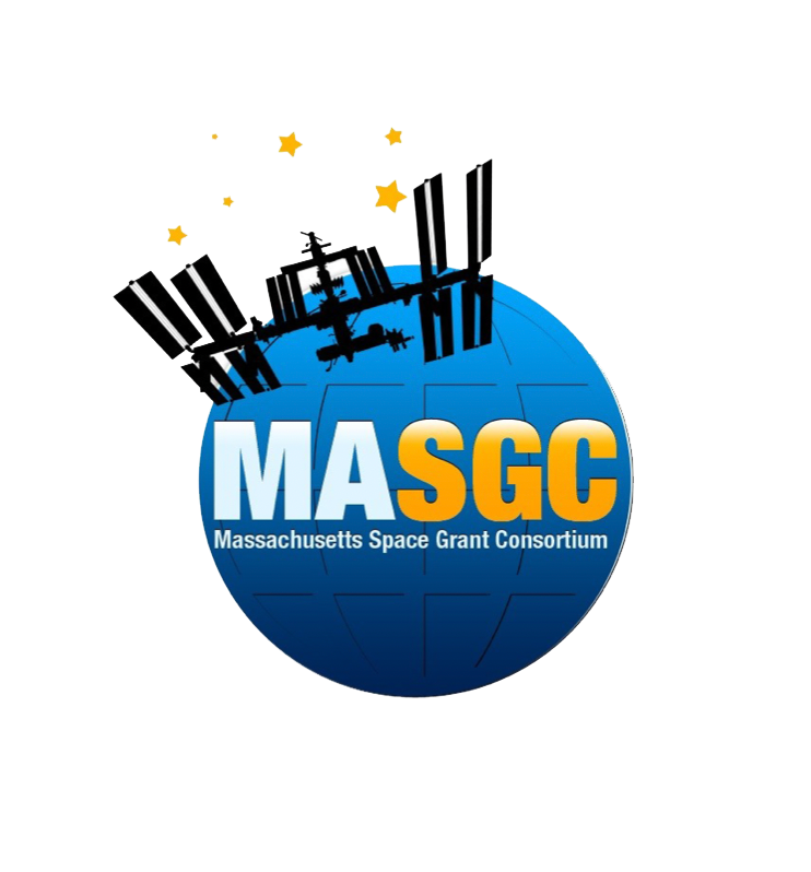 Small black satelitte on top of a blue circle with white MASGC letters in the middle