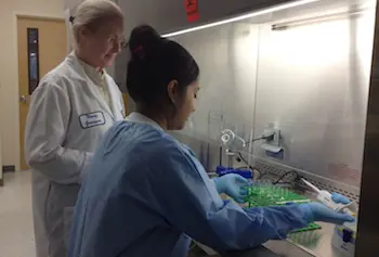 Nancy Goodyear overseas Master&rsquo;s of Science student Amritpreet Birdi, a research assistant working on the TURI disinfection research project.