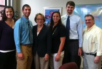 From left, students Ashley Corbett, Brendon Connor; U.S. Rep. Niki Tsongas; students Kristine Little and Brenton Kubik; and Chair of the Physical Therapy Department Sean Collins.