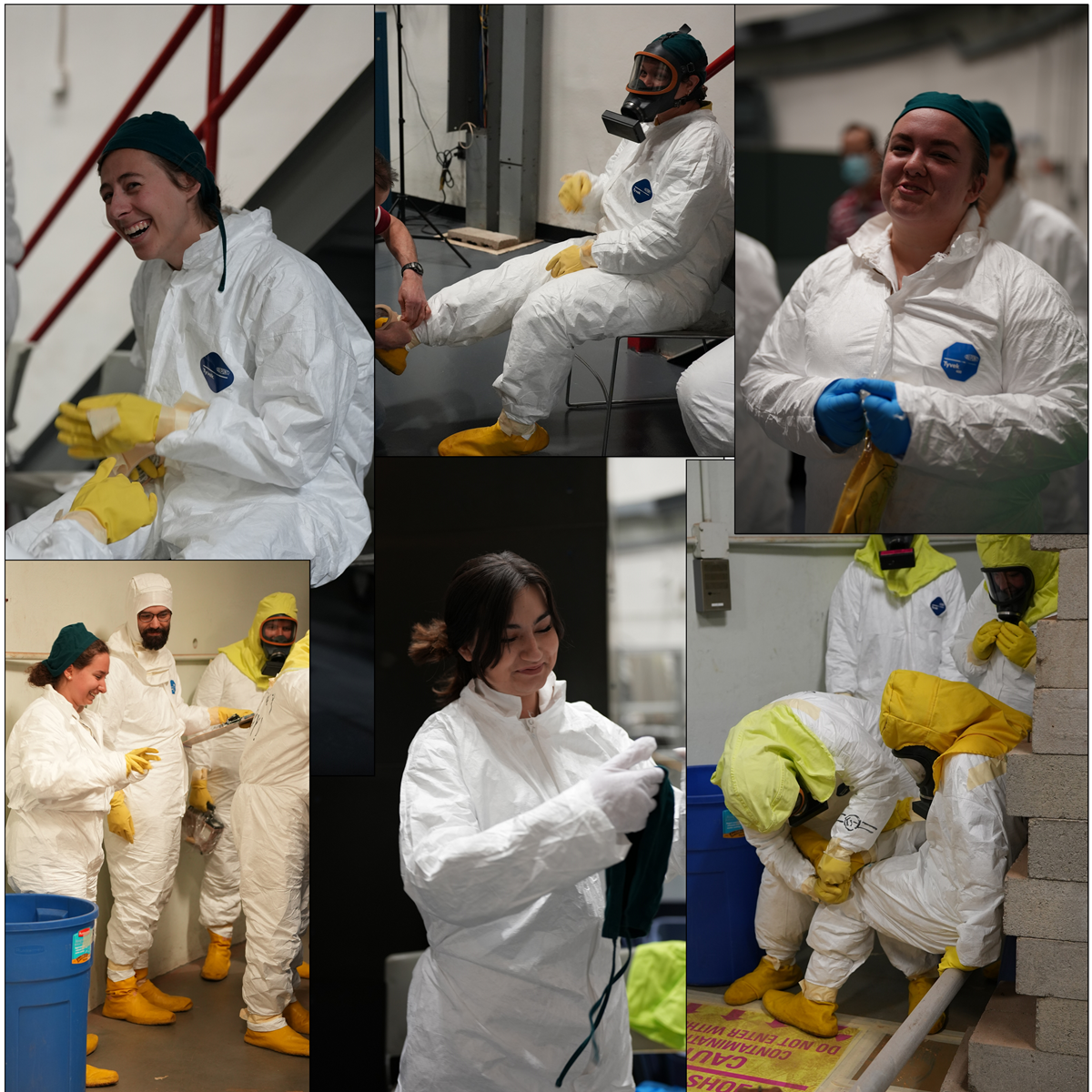 Assortment of Health Physics students wearing different levels of radiation protection gear before a class practical exercise. On female student, smiling, sits in a chair while taping her protective gloves on.  Another student wearing a full face respirator, sits in a chair while the teacher helps her put on her shoe covers.  Another smiling student, opens her shoe covers while wearing gloves and a tyvek suit.  A female student, wearing a protective suit, smiles while prepping her skull cap prior to wearing a respirator.  Two groups of students are in various stages of removing their protective gear around a radiation control point carrying clipboards, and radiation detectors.