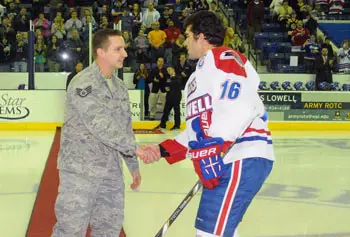 Veterans Week included Military Appreciation Night at the Tsongas Arena, as U.S. Air Force Staff Sgt. Sean Germain, recently returned from Afghanistan, met Riley Wetmore, team captain of the River Hawks, before the ceremonial puck drop.