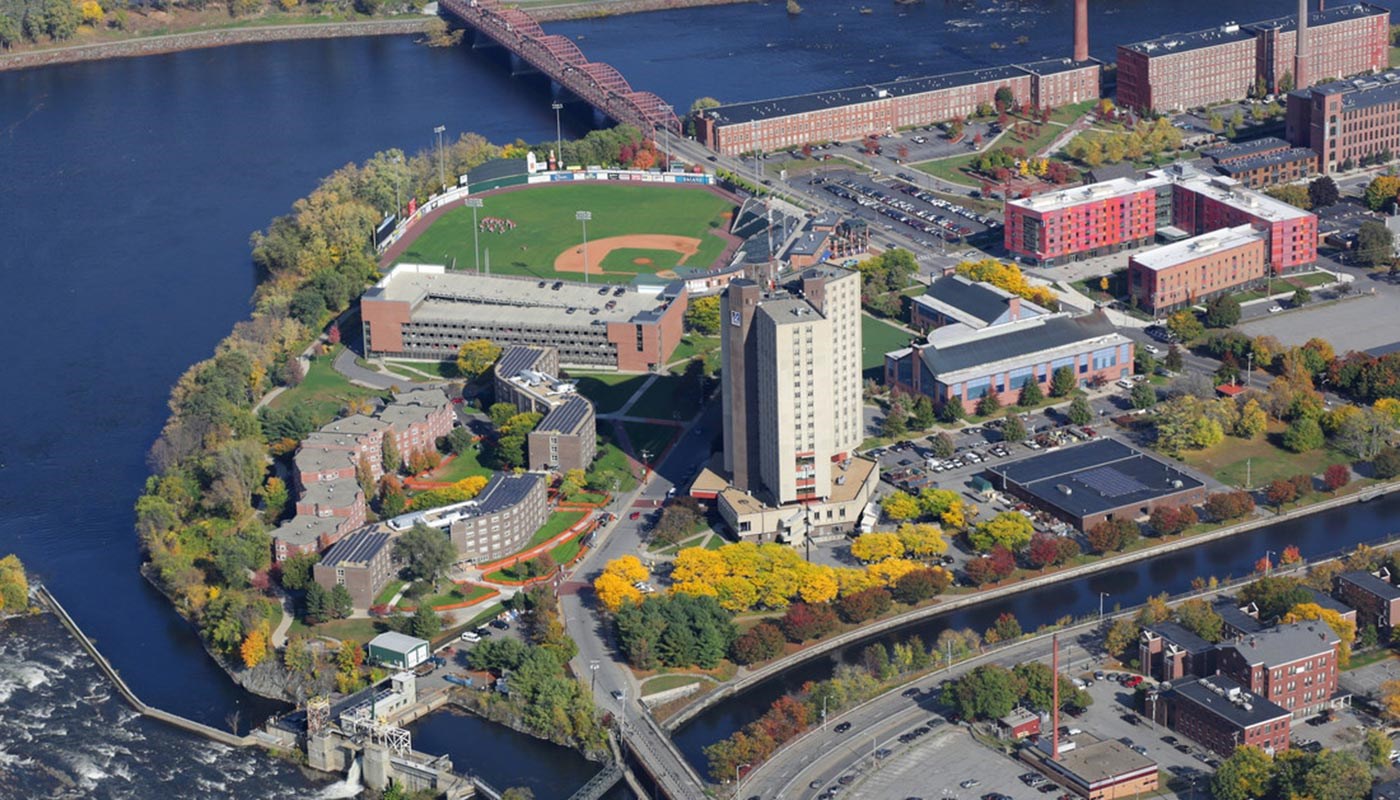 Aerial view of East Campus at UMass Lowell