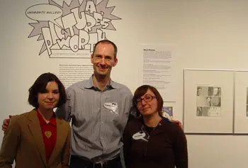 Graphic novelists, from left, Veronica Fish, Gareth Hinds and Liz Prince visited UMass Lowell in March for a panel discussion to kick off the exhibit featuring their work.