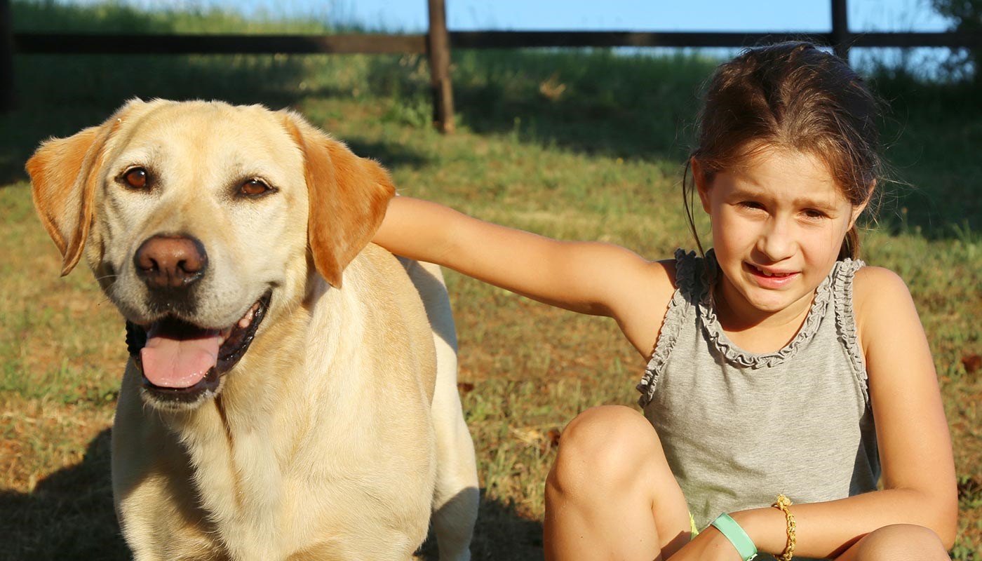 young girl with yellow lab