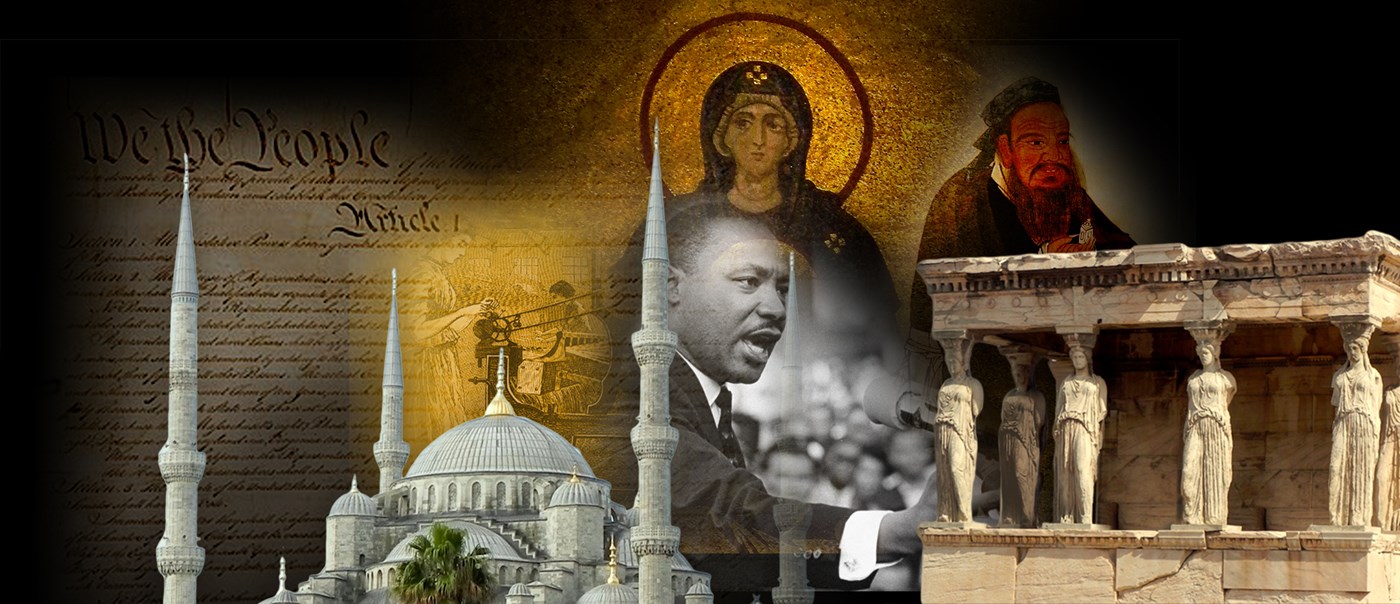 Montage of historical images: buildings, girl weaving on loom, Confucius, Declaration of Independence, Martin Luther King Jr., etc.