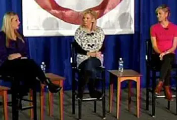 Mary Kaye Huntsman, center, and daughters Liddy and Mary Anne, talk about life on the campaign trail at UMass Lowell.