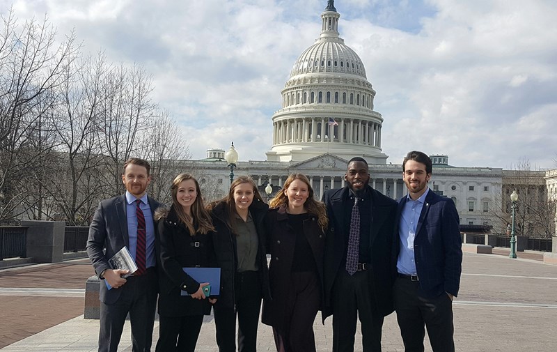 Neil Shortland, left, and the P2P team in Washington, from left, Jamie Keenan, Danielle Thibodeau, Nicolette San Clemente, Jonas Pierribia and Tyler Cote. A team of five students — mostly criminal justice majors — who created a website that educates students, parents and teachers about terrorist recruitment methods won an all-expenses-paid trip to Washington, D.C., in January after advancing to the final round of an international contest.  The Peer to Peer: Challenging Extremism (P2P) competition, sponsored by the Department of Homeland Security and Facebook, taps college students’ social media skills to counter the influence of extremists and terrorists in their own communities, from white supremacists in the U.S. to ISIS and homegrown terrorist cells in troubled countries.