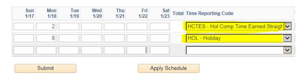 Screen shot of HR Direct timesheet system with the employee reporting 2 hours of Holiday comp time earned, and 8 hours of Holiday time (and those 2 dropdown menus highlighted)