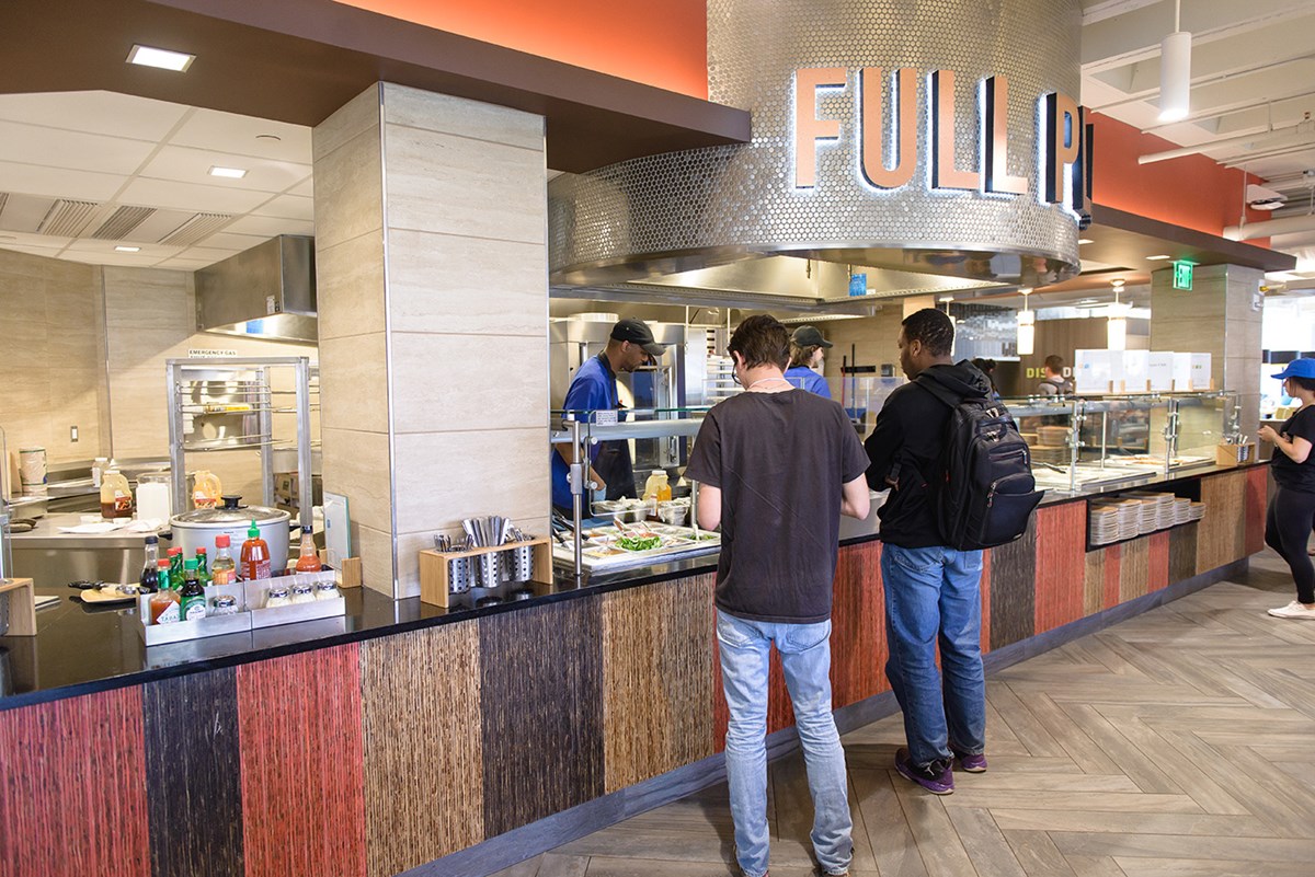 The South Campus Dining Commons, located in the center of campus, features nine different cooking stations including an omelet bar, a waffle bar and an exhibition station where students can create their own culinary masterpieces.