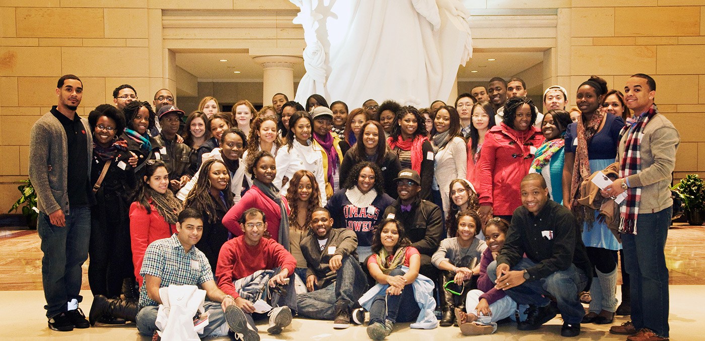 Students and staff pose for a group photo on a Multicultural Affairs trip to Washington D.C. in Fall 2011