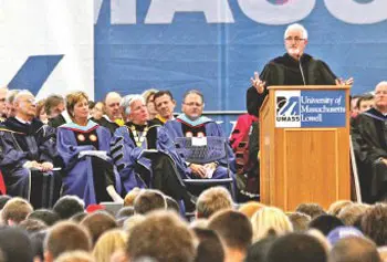 
						Keynote speaker Robert Egger addresses the crowd during UMass Lowell's Convocation Tuesday.&nbsp;
					