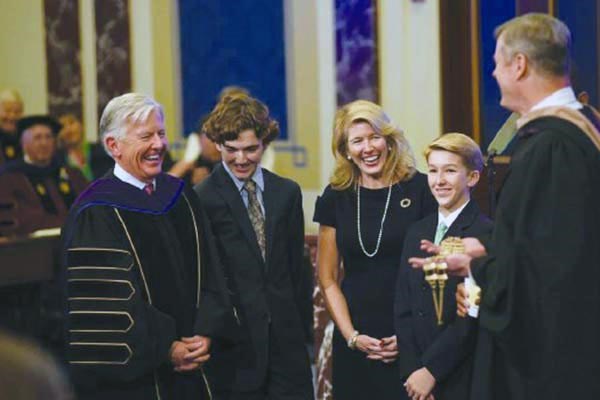 Marty Meehan and his family with Gov. Charlie Baker at his inauguration as UMass president