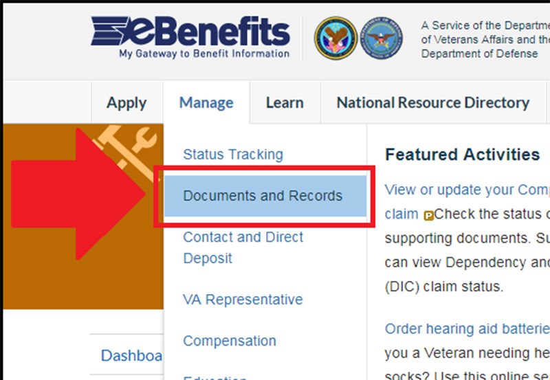 Screenshot of VA website profile page and menu outlined in step 7: Go back to your profile page and click on "Manage" from the horizontal menu at the top of the page.  From the Manage dropdown menu select "Documents and Records".