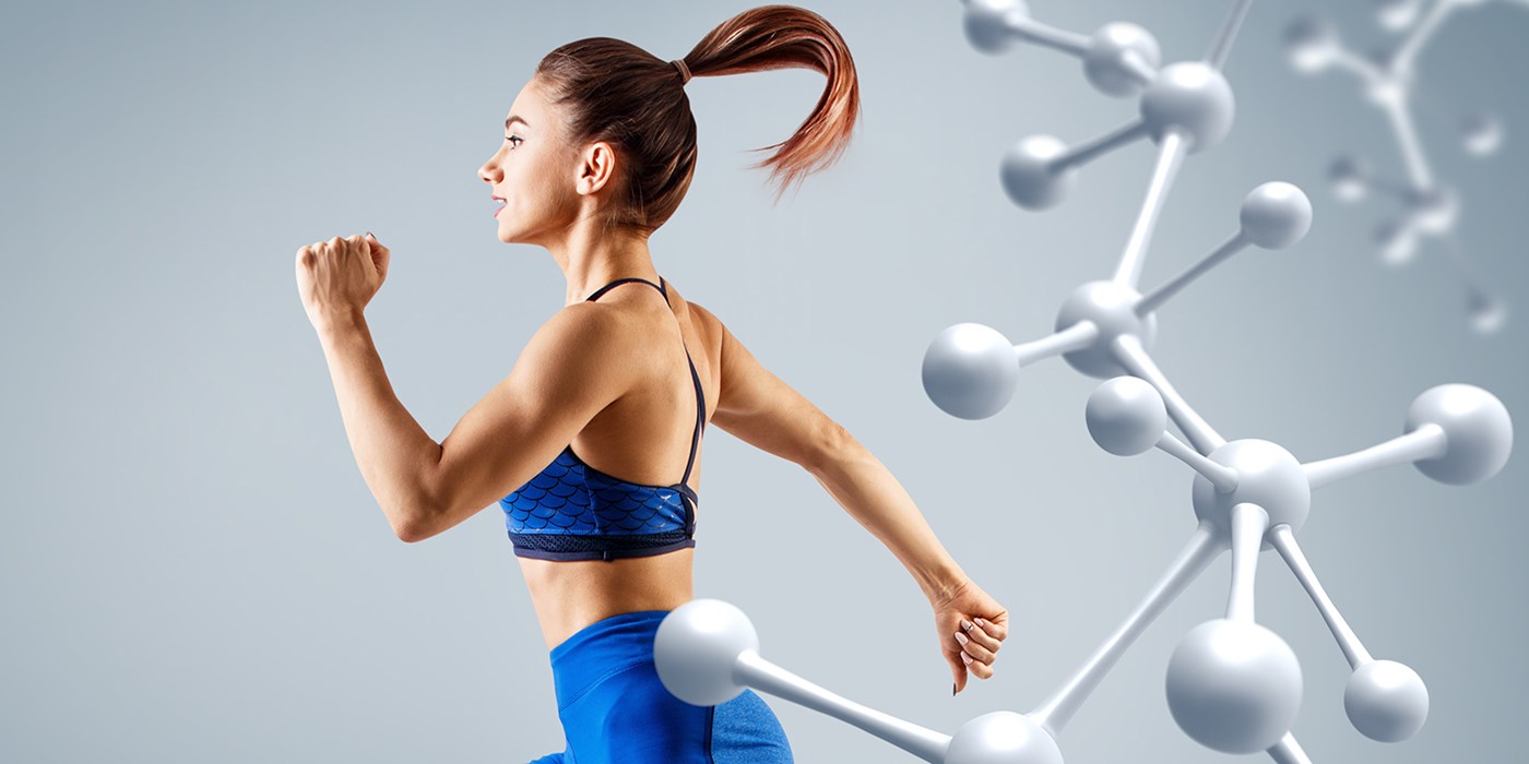 Stock image showing Sporty young woman running and jumping near molecules structure.