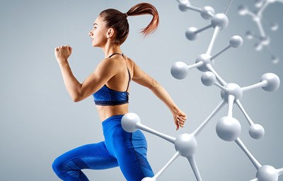 Stock image showing Sporty young woman running and jumping near molecules structure.