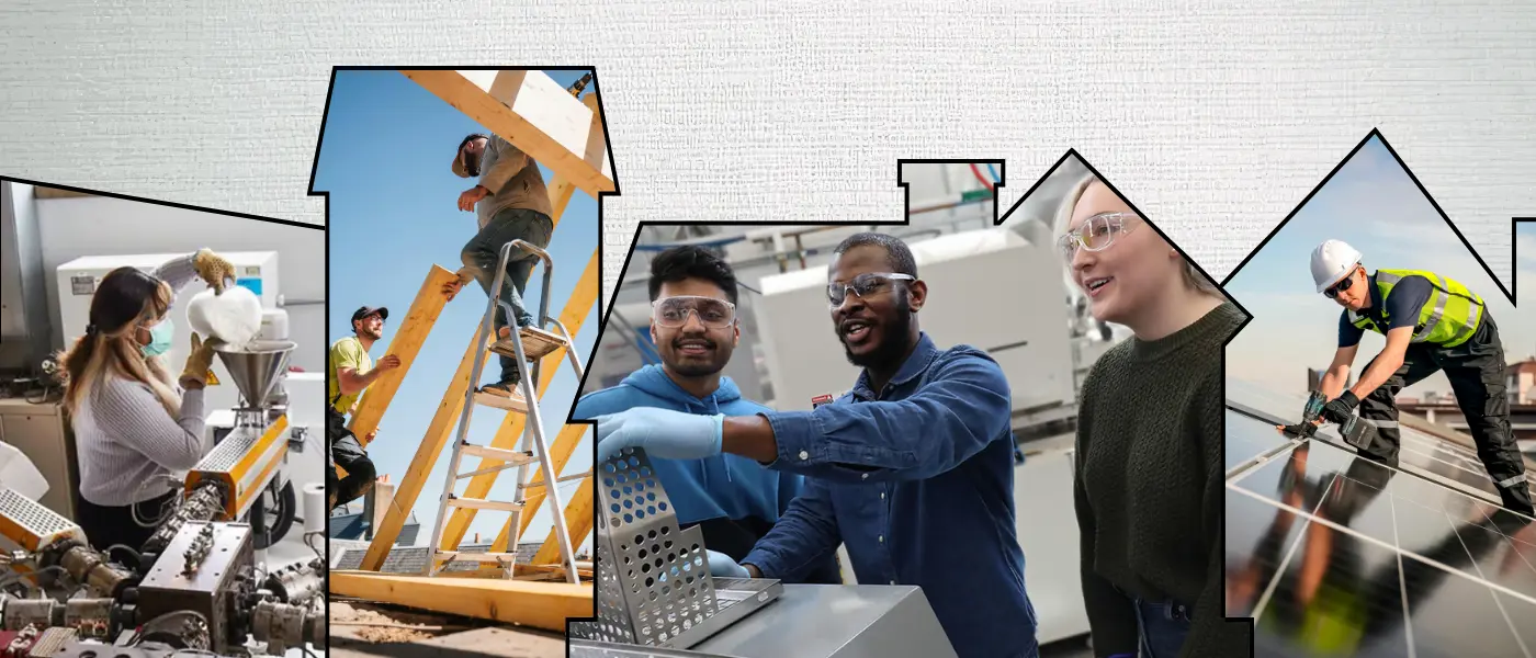 Montage of workers in building industry