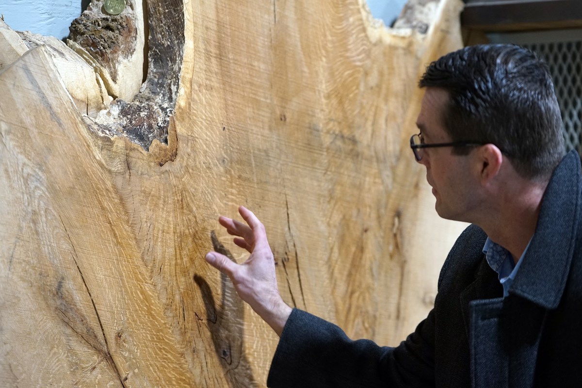 A person with dark hair and glasses touches a slab of wood with their hand.
