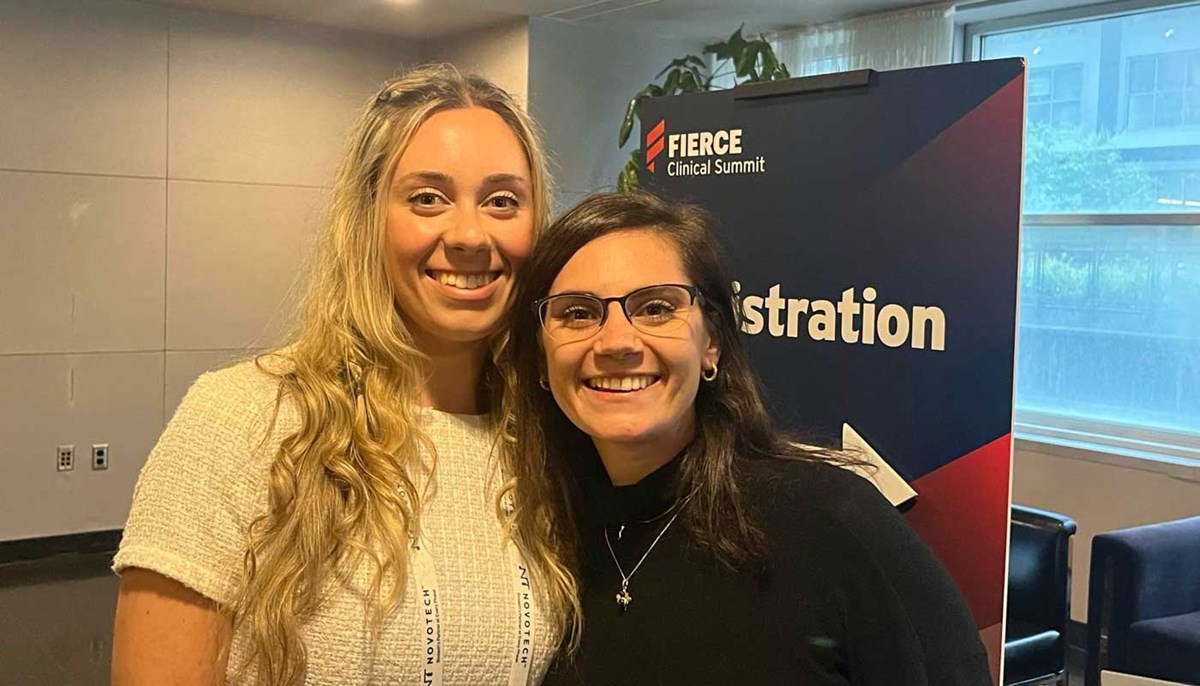 Erin Soulia poses with a friend at the flagship event for clinical research and trial management professionals, the Fierce Clinical Summit, in Philadelphia Pennsylvania.