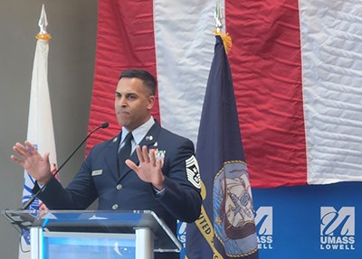 U.S. Air Force Chief Master Sgt. Alan Weary was the keynote speaker at UMass Lowell's 15th annual Flag Ceremony. 