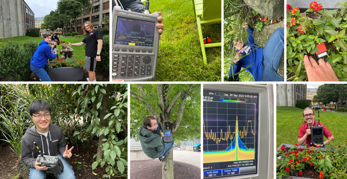 A collage of photos from an outdoor "electronic scavenger hunt"