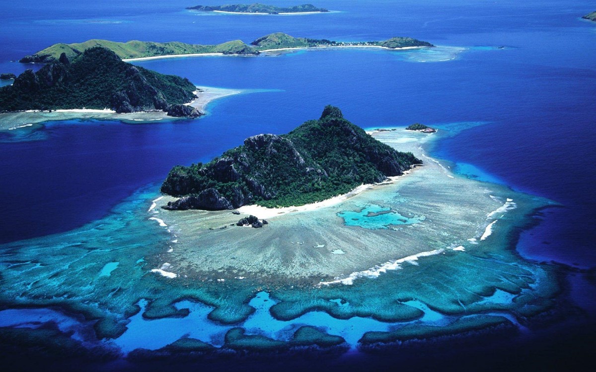 An aerial view of Galapagos islands in the ocean