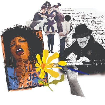Collage illustration of singer, performers and writer