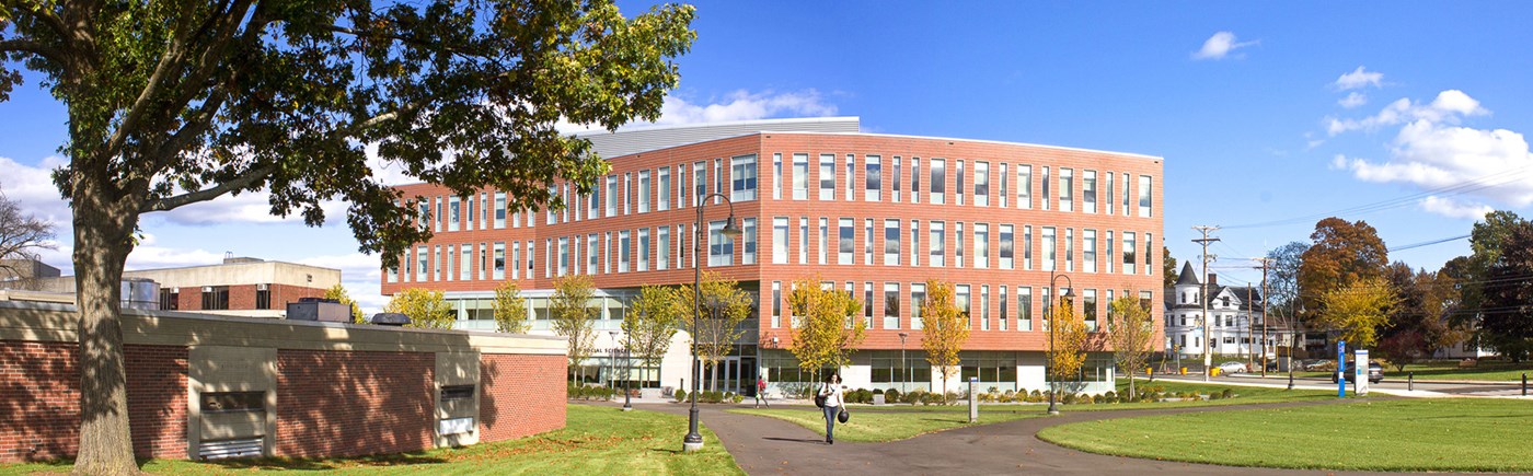 Exterior building shot of the UMass Lowell Health and Social Sciences Building (HSSB) on south campus. The HSSB is home to three of the university’s most popular majors, criminal justice, nursing and psychology and well as the Center on Terrorism and Security Studies.