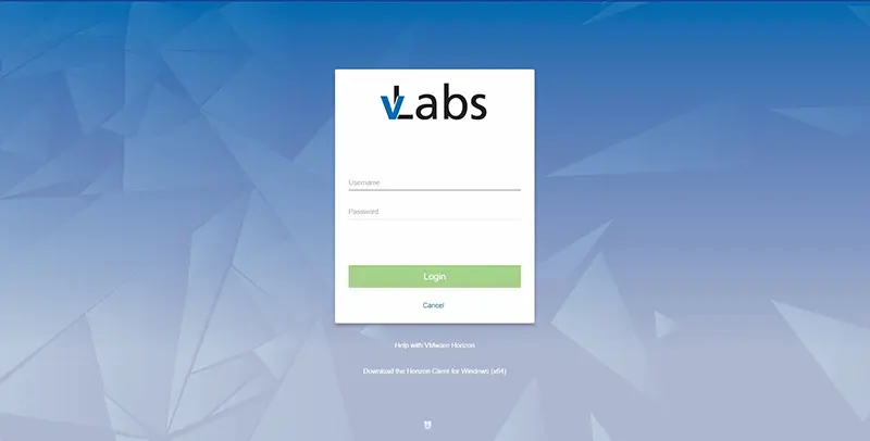 vLabs login page with username and password