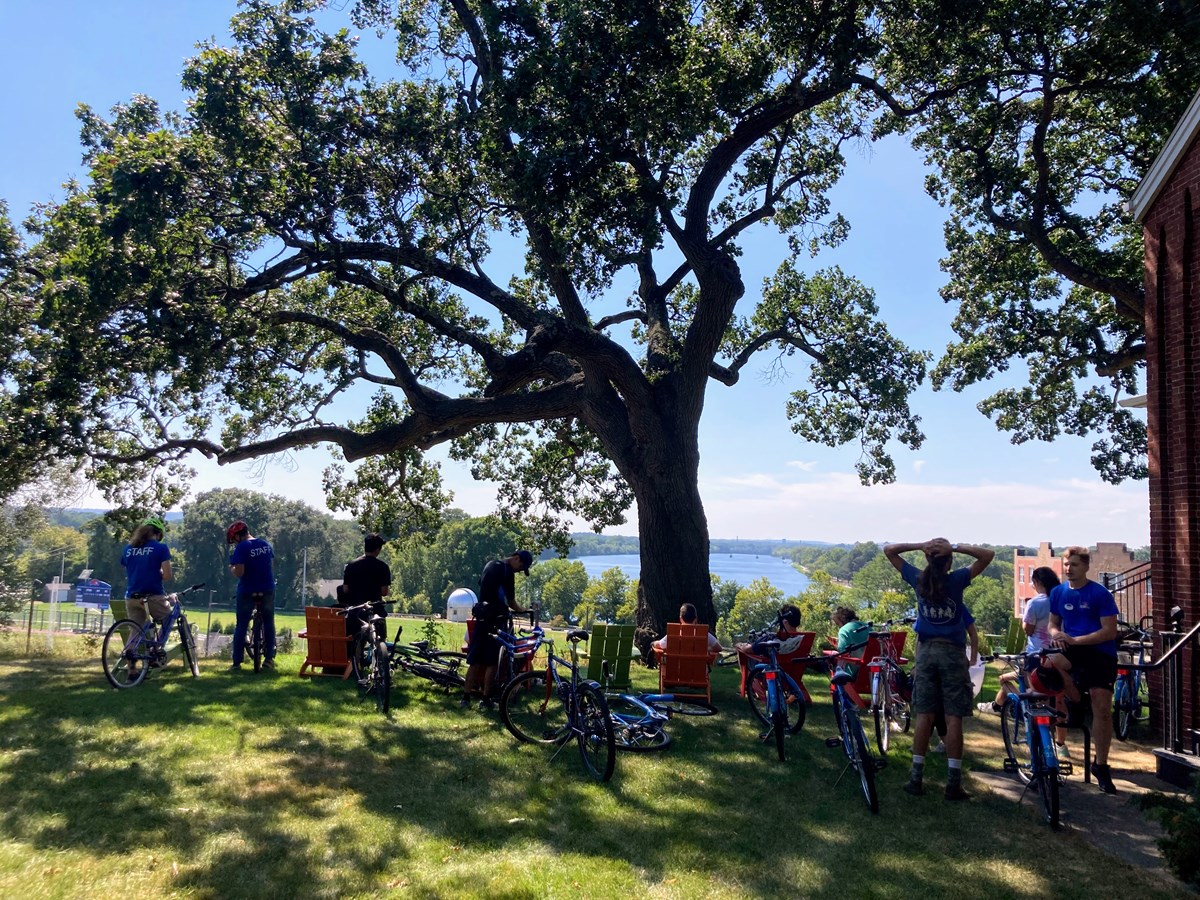 Bicyclists resting in view of a large tree and river.