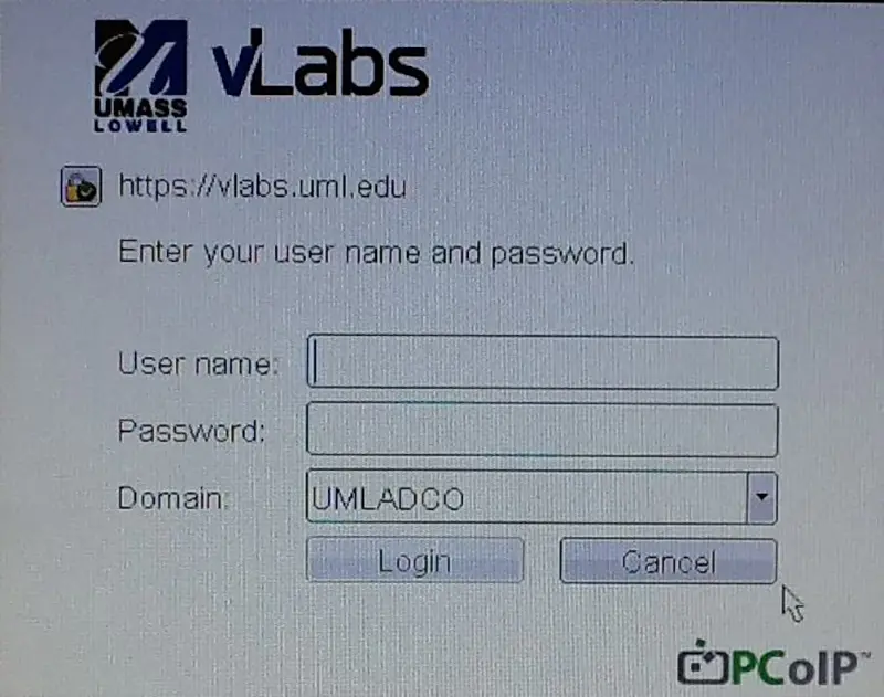 Login screen for vLabs 