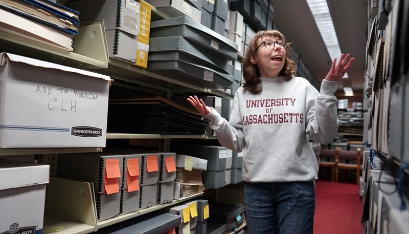 Lilian Whitehead in the files storage area at the Center for Lowell History.