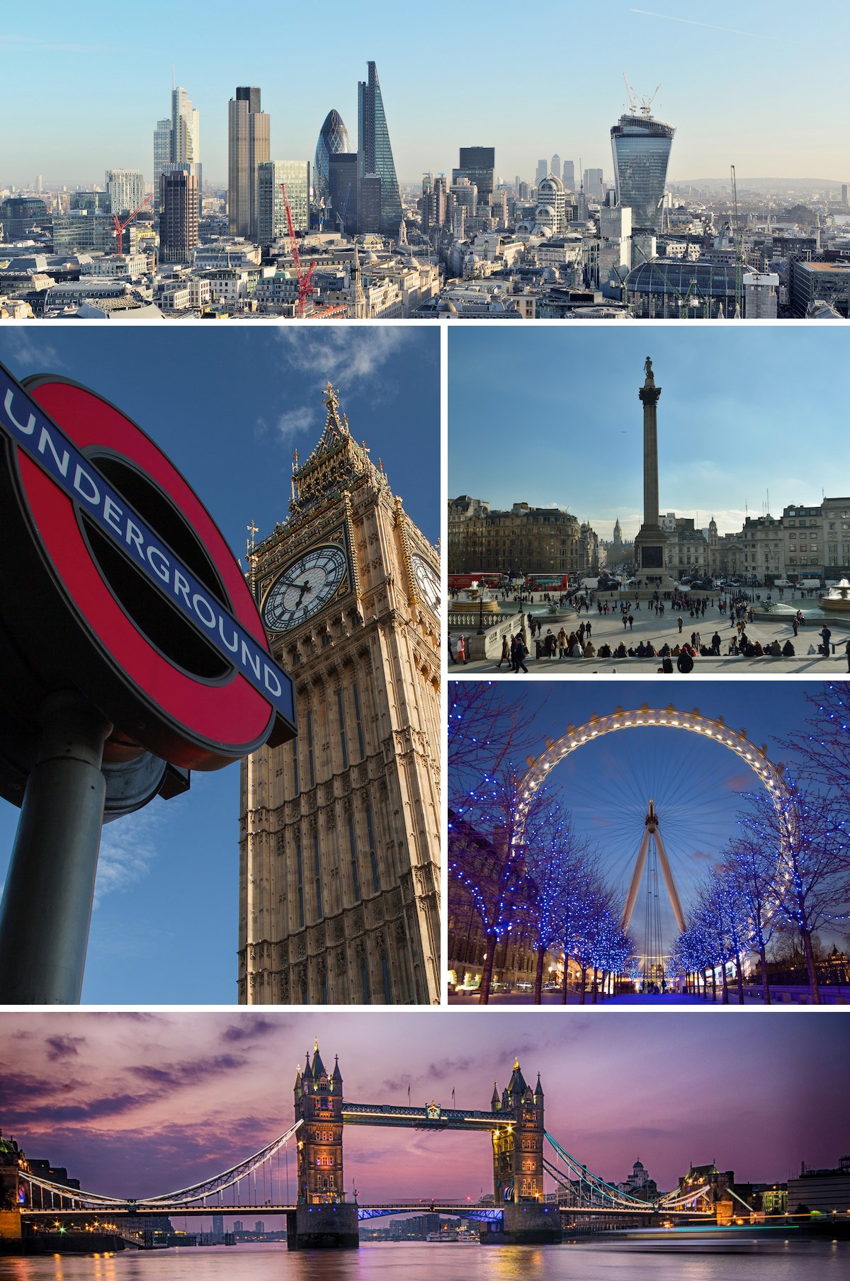 Images of London eye underground sign tower bridge big ben skyline.