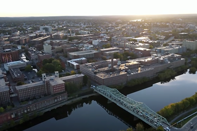 A drone image of downtown Lowell.