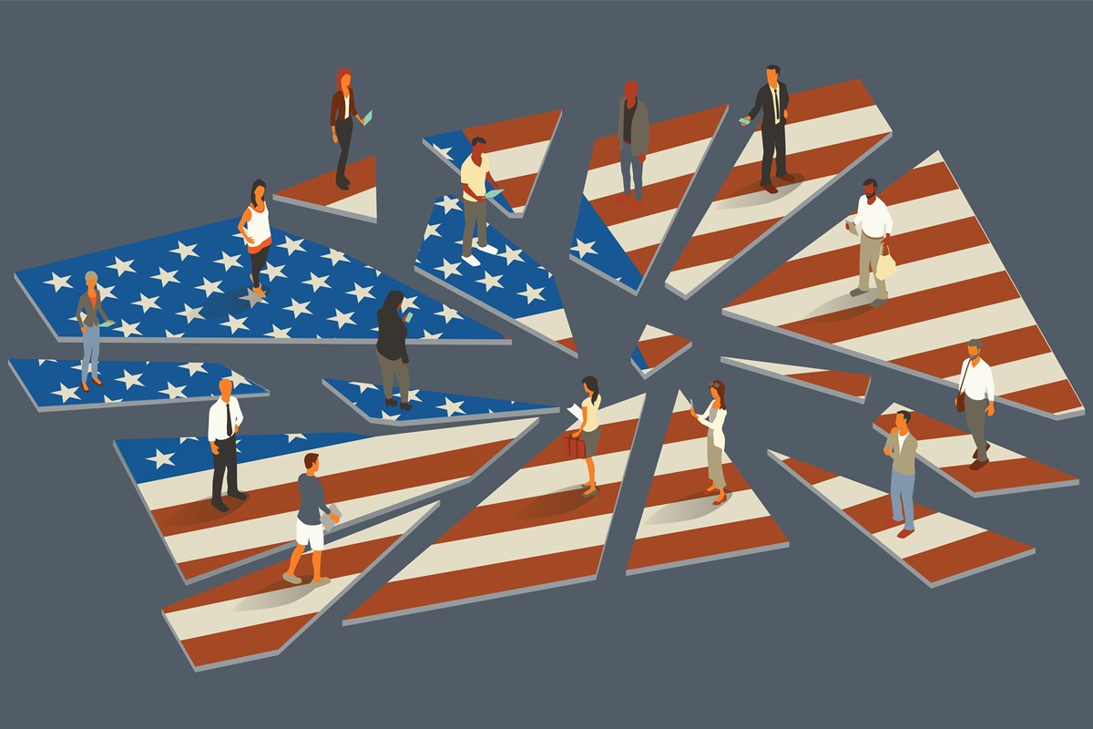 An illustration of a dozen people standing on fragmented pieces of an American flag.