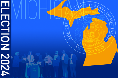 Blue box with a silhouette of the state of Michigan in gold reading "Election 2024" 