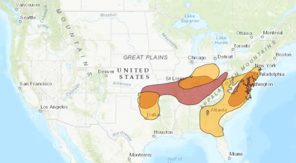 Map of United States with overlay showing heat map